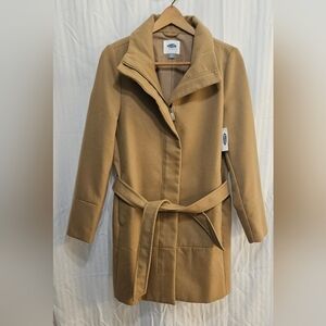 Old Navy Coat - Khaki Beige Felt Belted Zip - Size M Medium - NWT